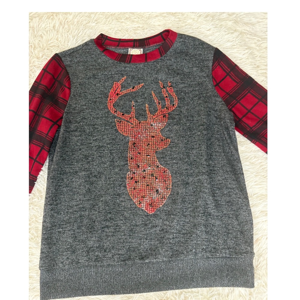 RBielle‎ Red Plaid Christmas Sleeve Women's Sz Sm Reindeer Deer Sequin Holiday